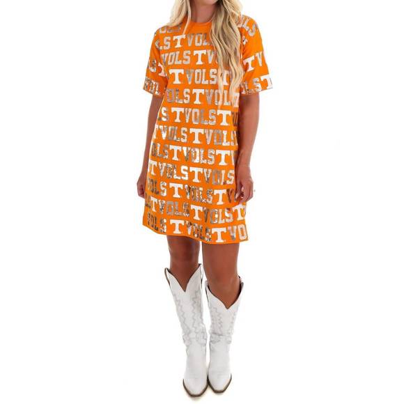 NEW STEWART SIMMONS tennessee sequin repeat t-shirt mini dress in orange - Picture 6 of 9